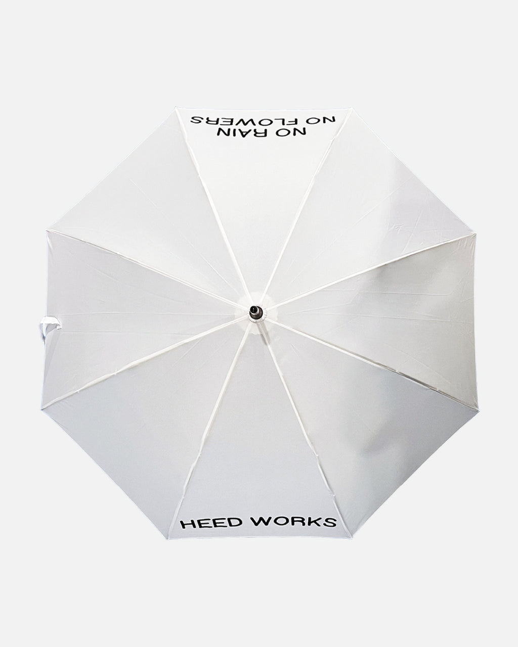 White umbrella with text on a white background
