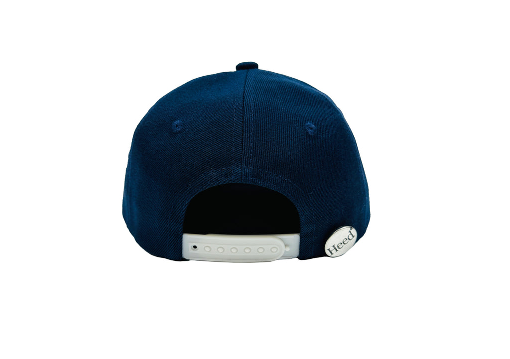 Original style baseball cap with flat peak. Snapback closure. Available in navy, grey or black. White embroidery detail. Mental Health and Self Care Streetwear Clothing Brand.